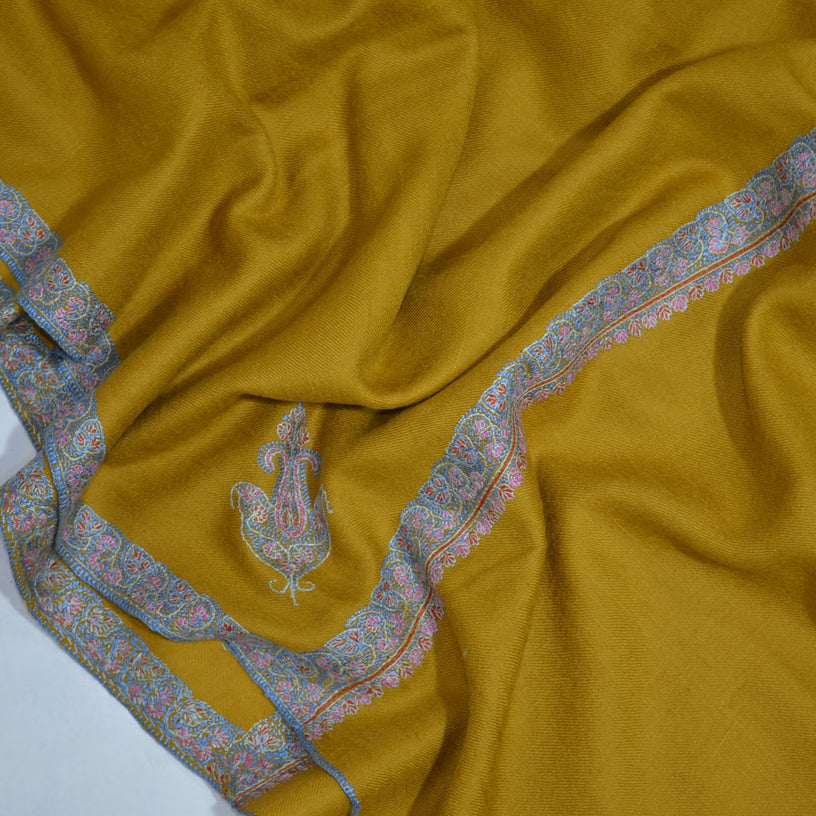 Mustard Sozni Border Embroidery Cashmere Pashmina Shawl