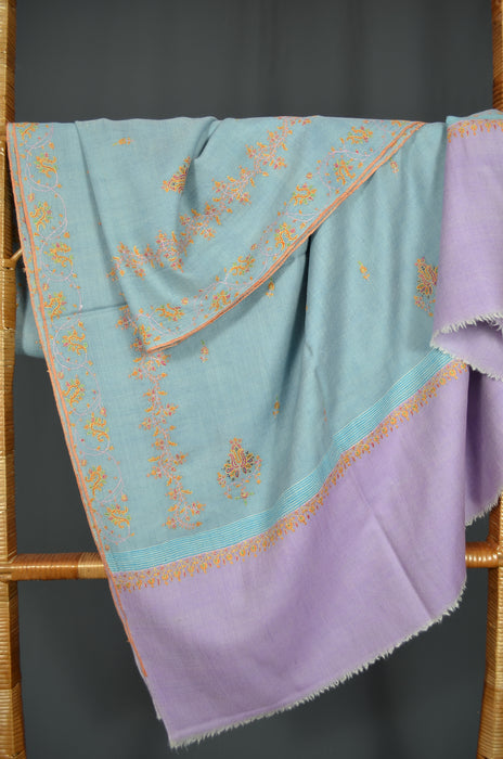 Blue Border Embroidery Cashmere Pashmina Shawl with Motifs
