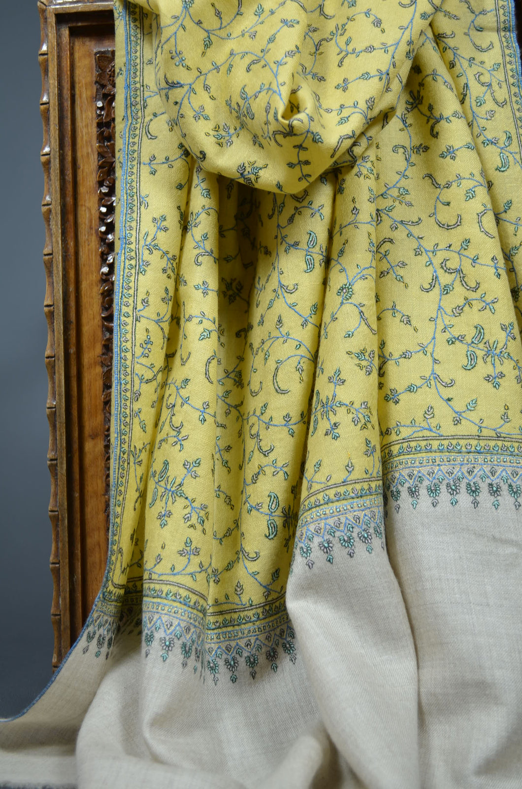 Yellow Jali Embroidery Pashmina Cashmere Shawl