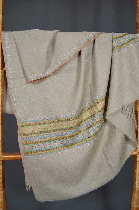 Natural Big Border Embroidery Cashmere Pashmina Shawl with Motifs