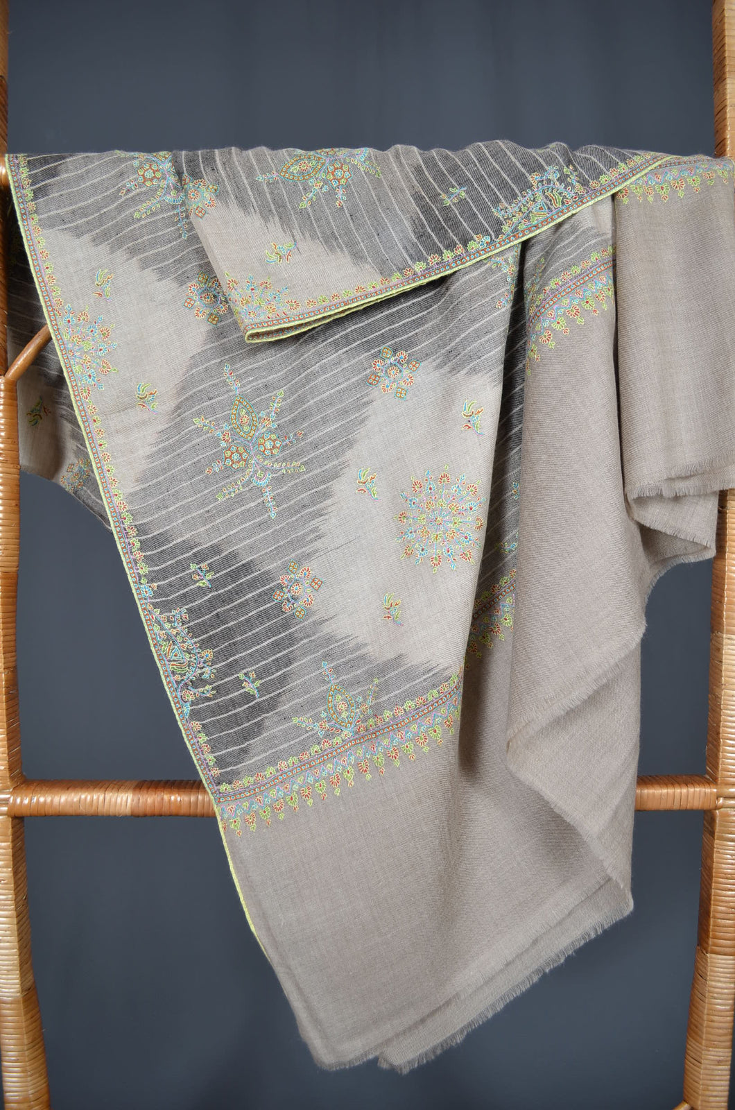 Natural Ikat Butti-Dar Motif Embroidery Pashmina Cashmere Shawl