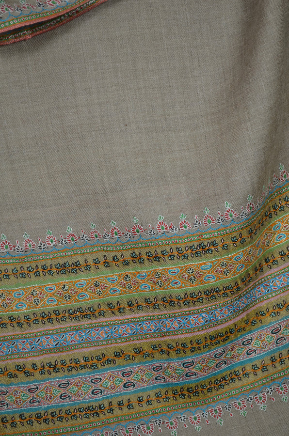 Natural Big Border Embroidery Cashmere Pashmina Shawl with Motifs