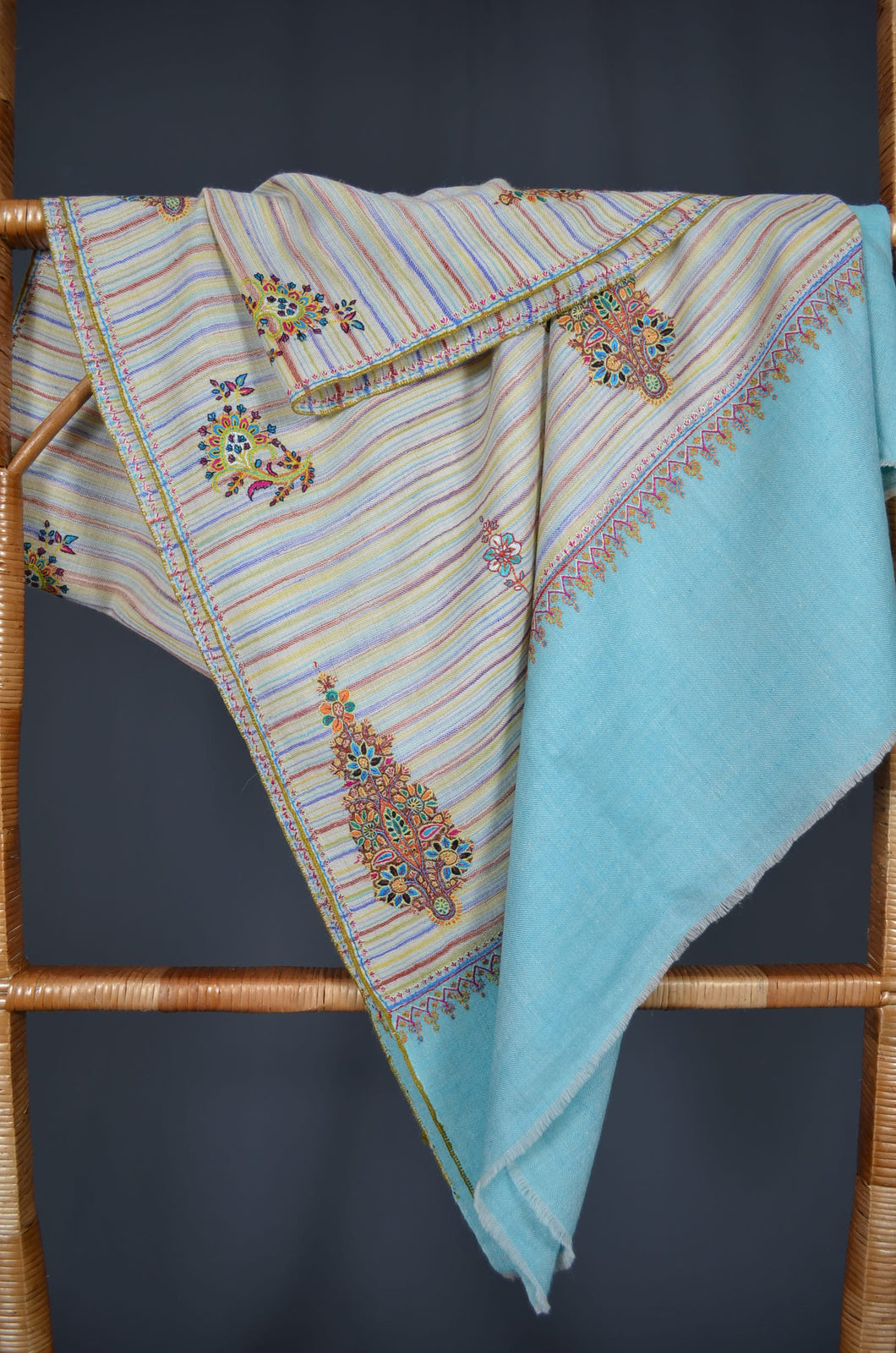 Blue Khadi patterned motif embroidery cashmere pashmina shawl