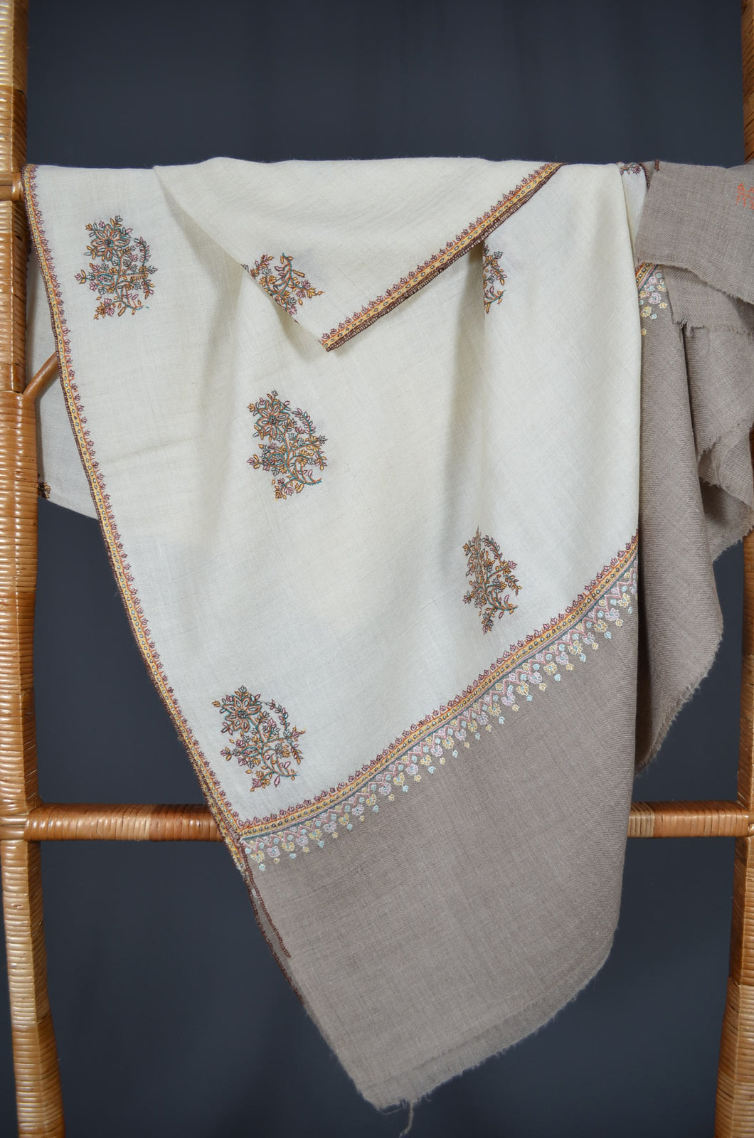 Ivory Cashmere Motif Embroidered Pashmina Shawl