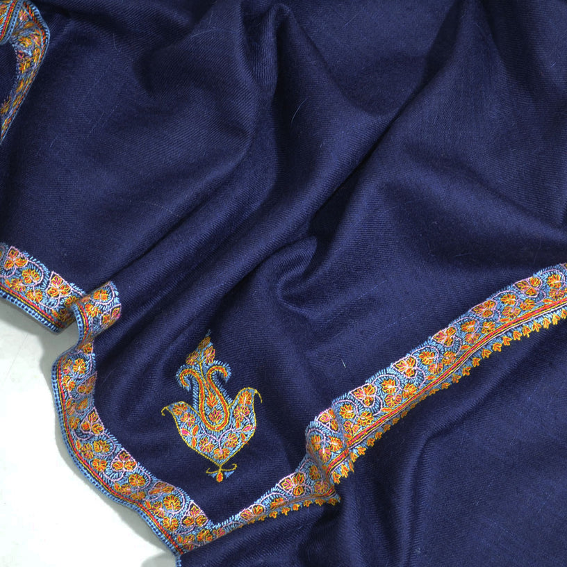 Navy Blue Sozni Border Embroidery Cashmere Pashmina Shawl