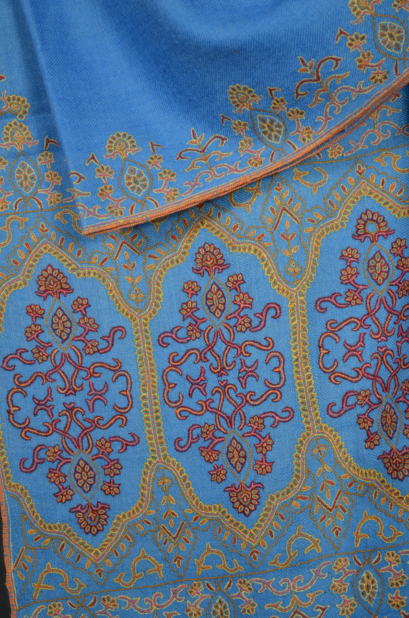 Blue Big Border Embroidery Cashmere Pashmina Shawl