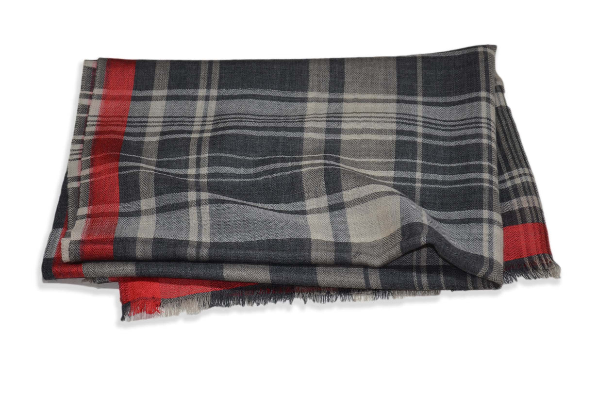 Shades of Grey Check Merino & Silk Scarf with Red Border
