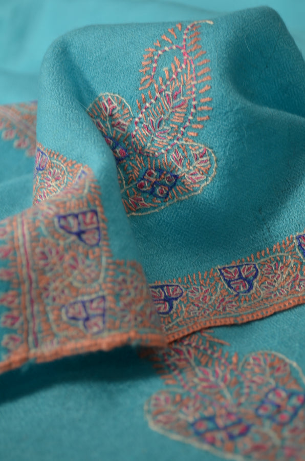 Light Blue Border Embroidery Cashmere Pashmina Shawl