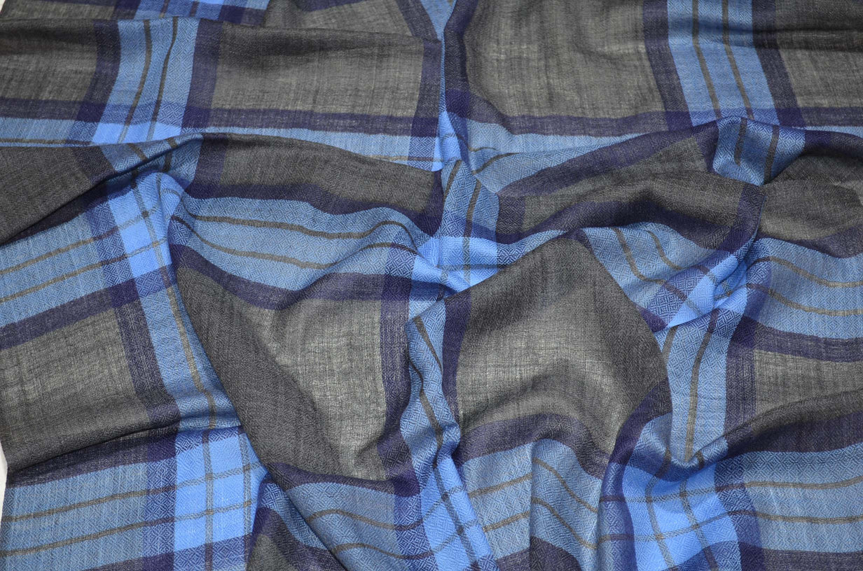 Charcoal Grey and Blue Check Merino & Silk Scarf