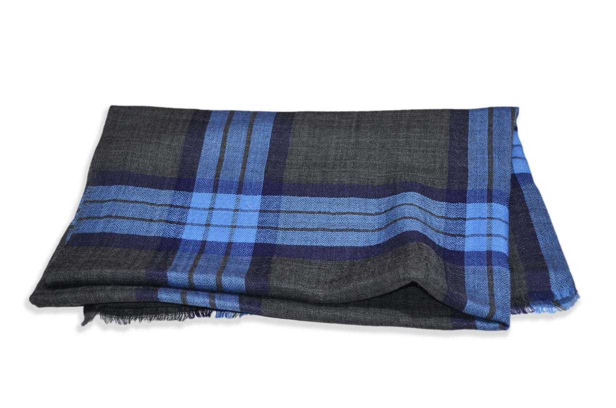 Charcoal Grey and Blue Check Merino & Silk Scarf