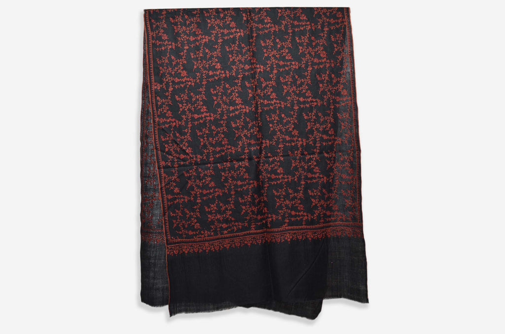 Black Cashmere Scarf with Maroon Sozni Embroidery