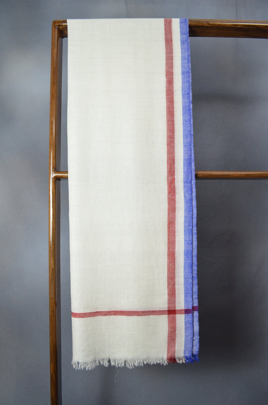Blue and Red Border Handwoven Cashmere Pashmina Scarf