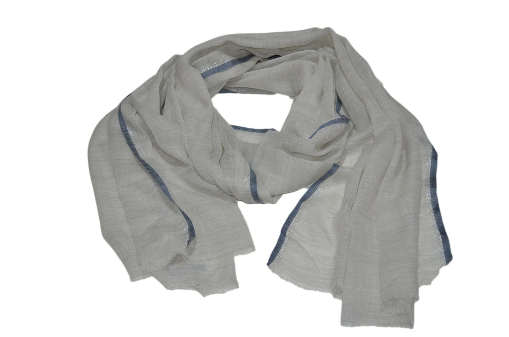 Natural Un Dyed Merino & Silk Scarf with Blue and Zari Border
