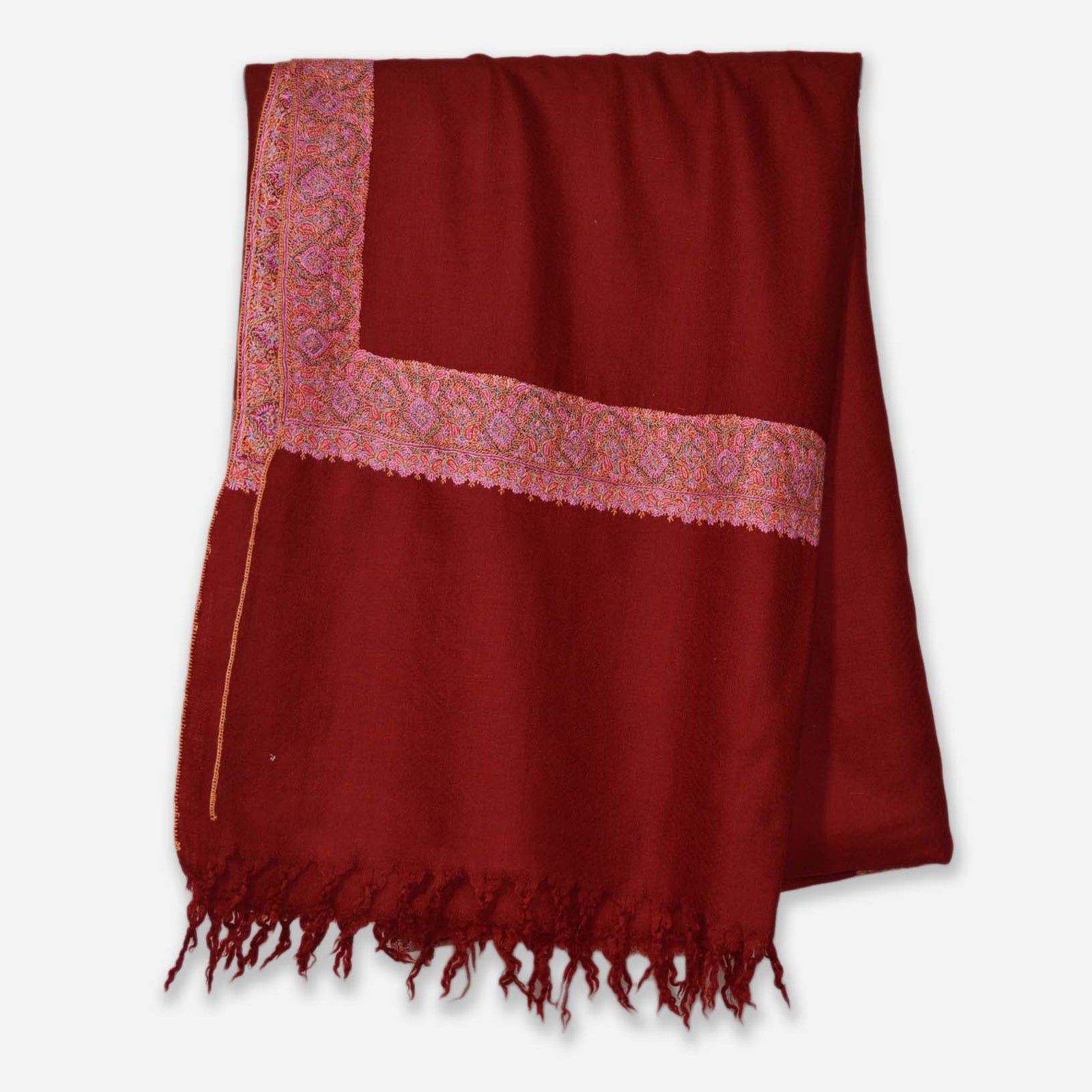 Maroon Border Embroidery Cashmere Travel Wrap