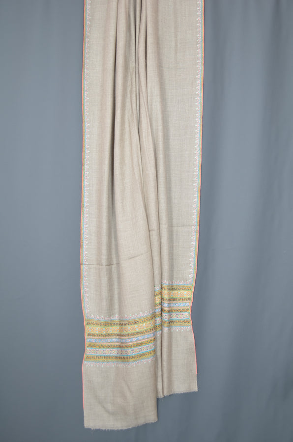 Natural Big Border Embroidery Cashmere Pashmina Shawl with Motifs