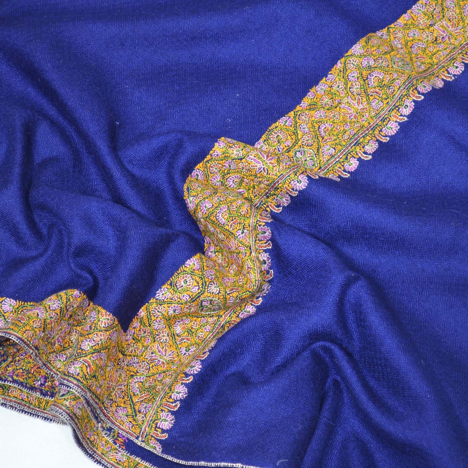Blue Border Embroidery Cashmere Travel Wrap
