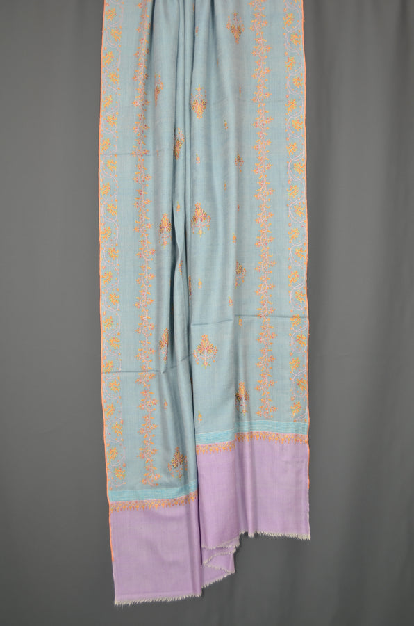 Blue Border Embroidery Cashmere Pashmina Shawl with Motifs