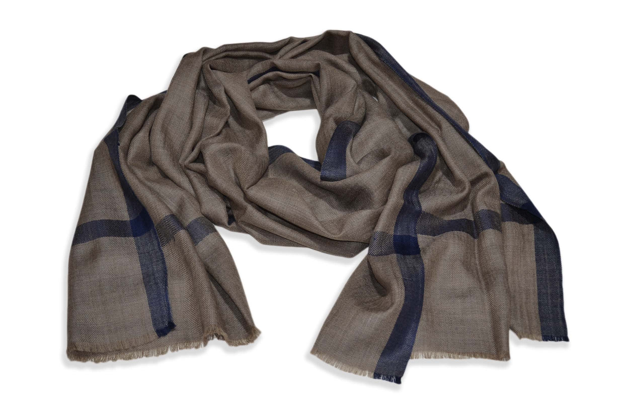 Natural Brown Merino & Silk Scarf with Navy Blue Border