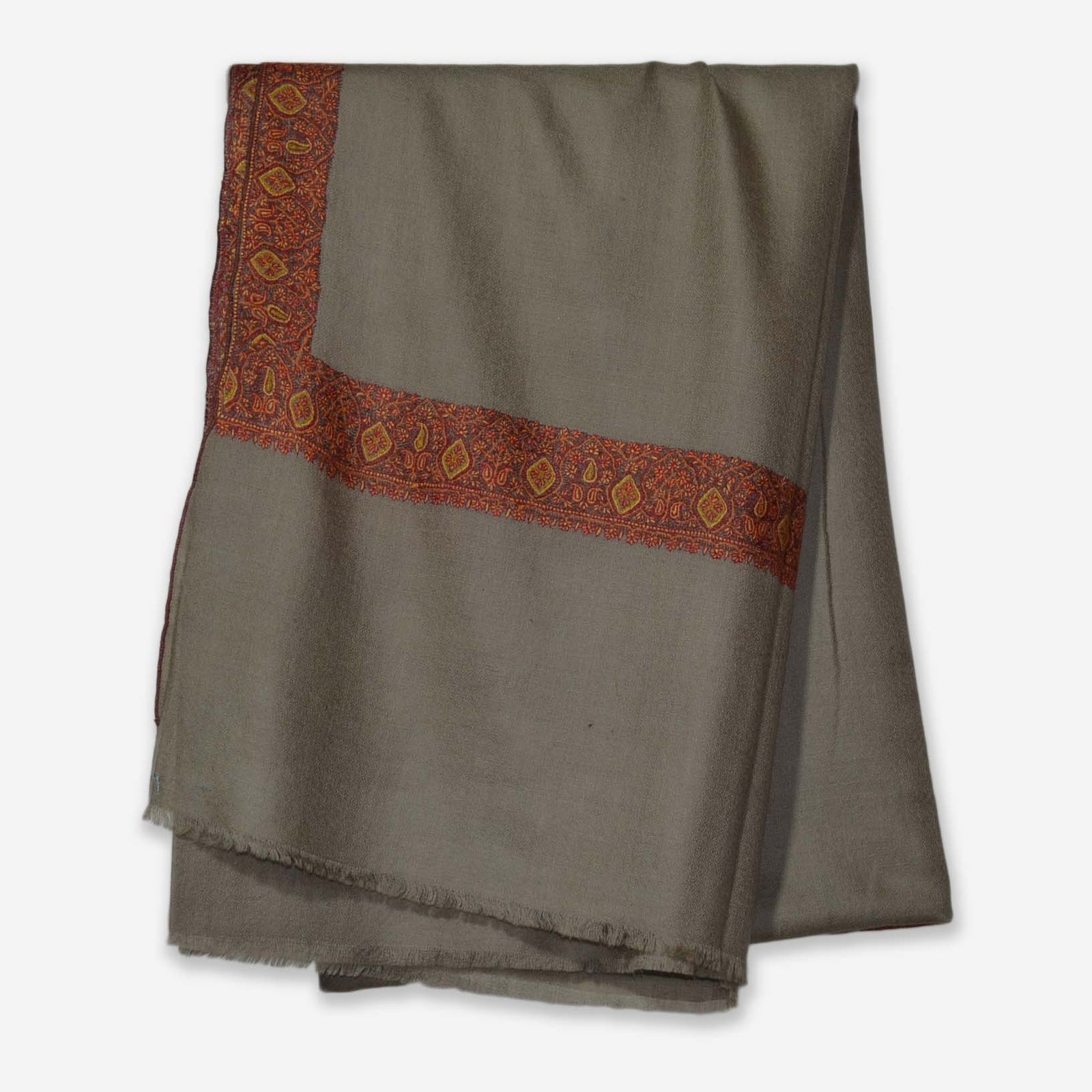 Un Dyed Natural Border Embroidery Pashmina Cashmere Shawl