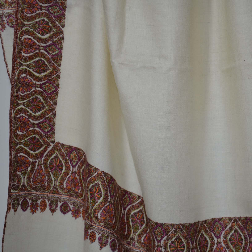 Ivory Sozni Big Border Embroidery Cashmere Pashmina Shawl