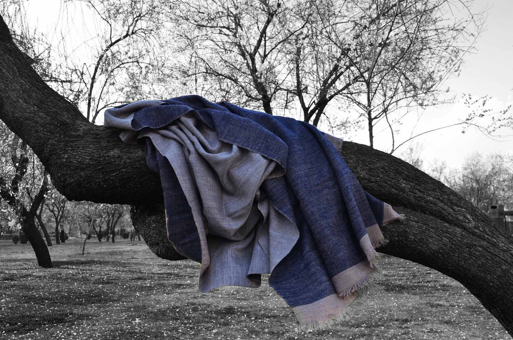 Reversible Navy Blue and Natural Handwoven Cashmere Pashmina Shawl