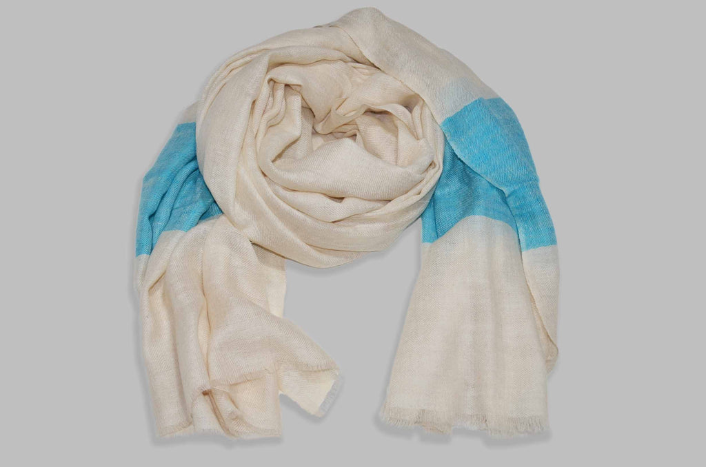 Classic Ivory With Turquoise Border Handwoven Cashmere Pashmina Scarf