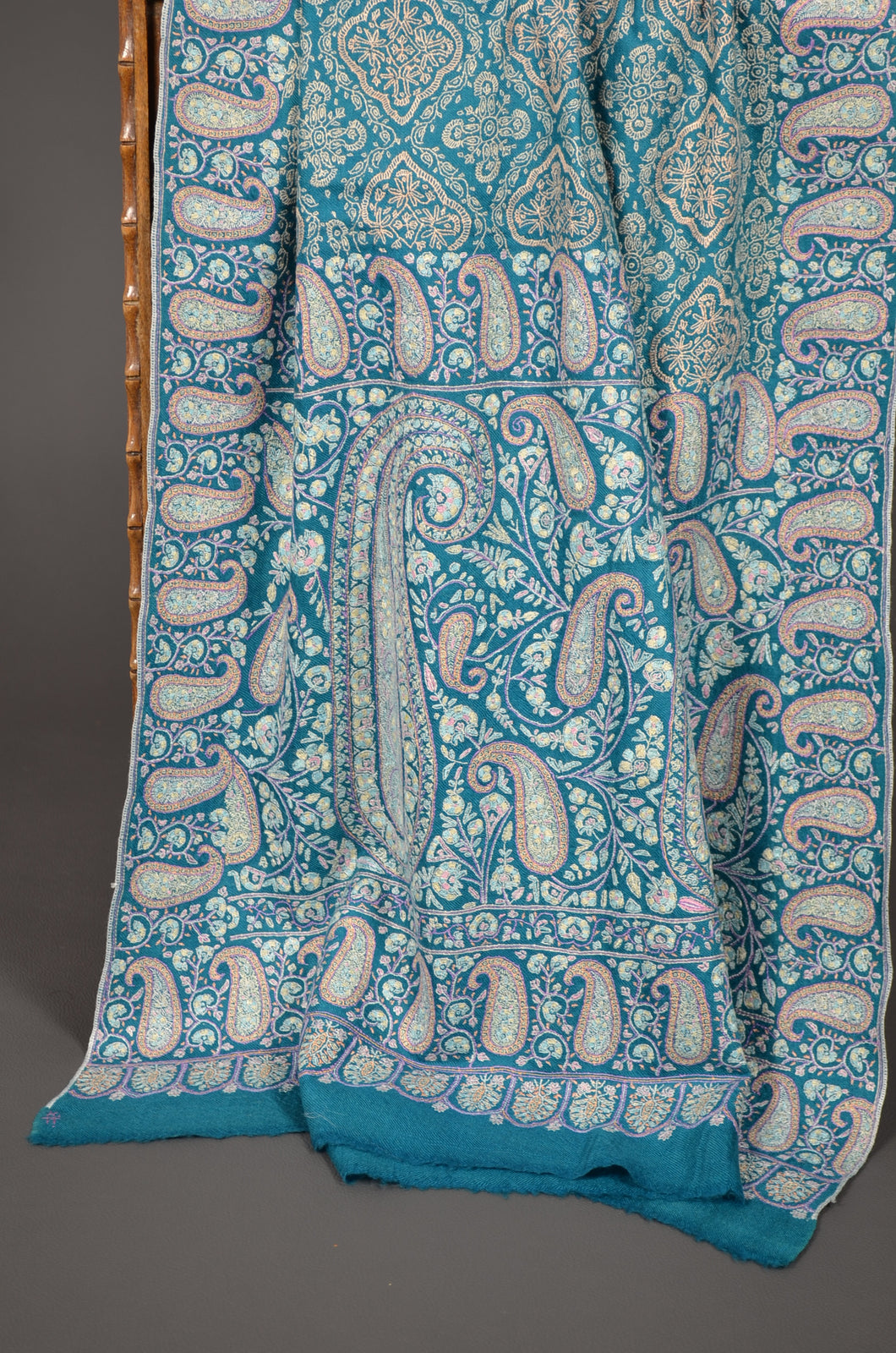 Aqua Green Jamawar Embroidery Pashmina Shawl