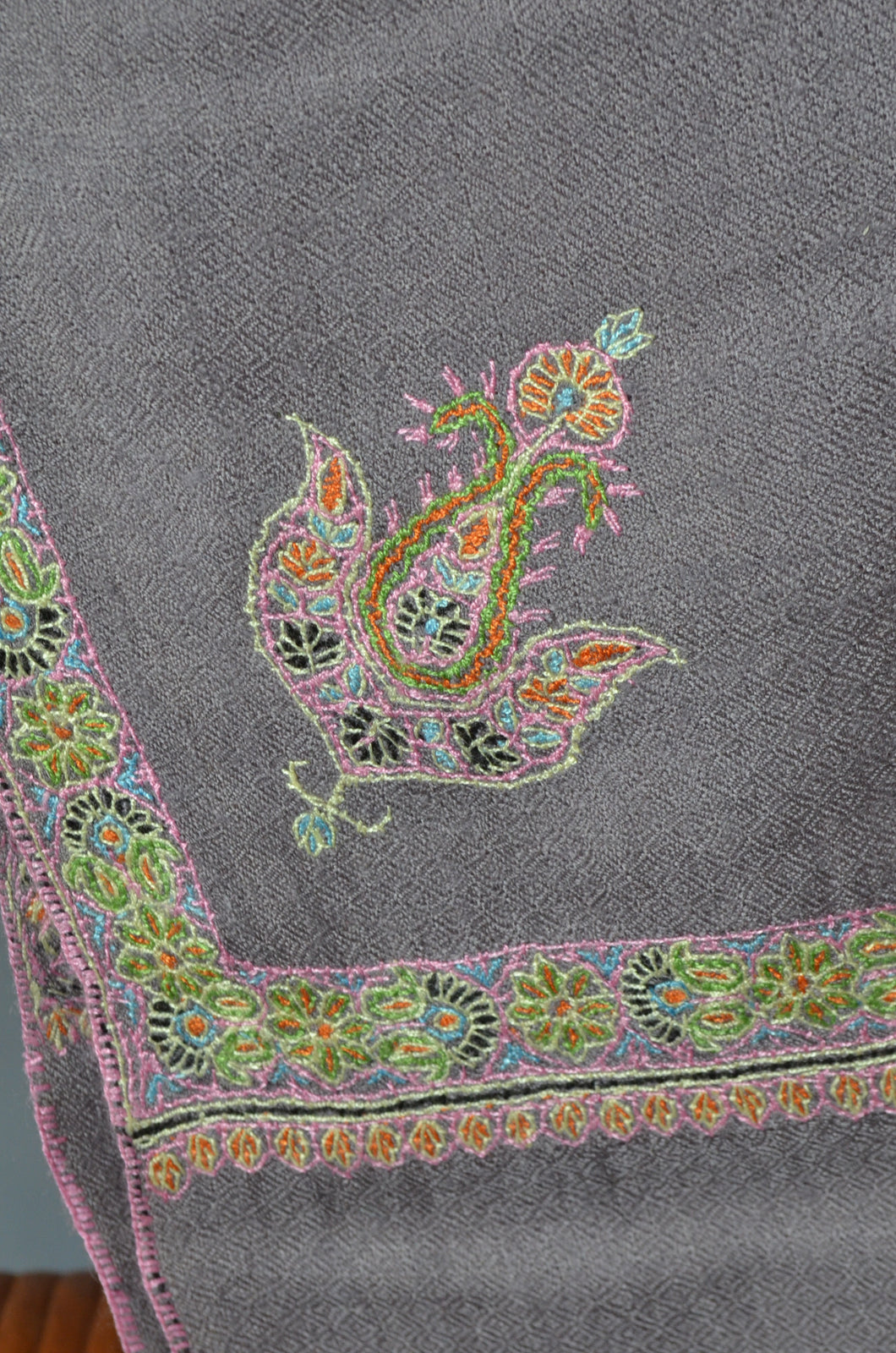 Slate Grey Border Embroidery Cashmere Pashmina Shawl