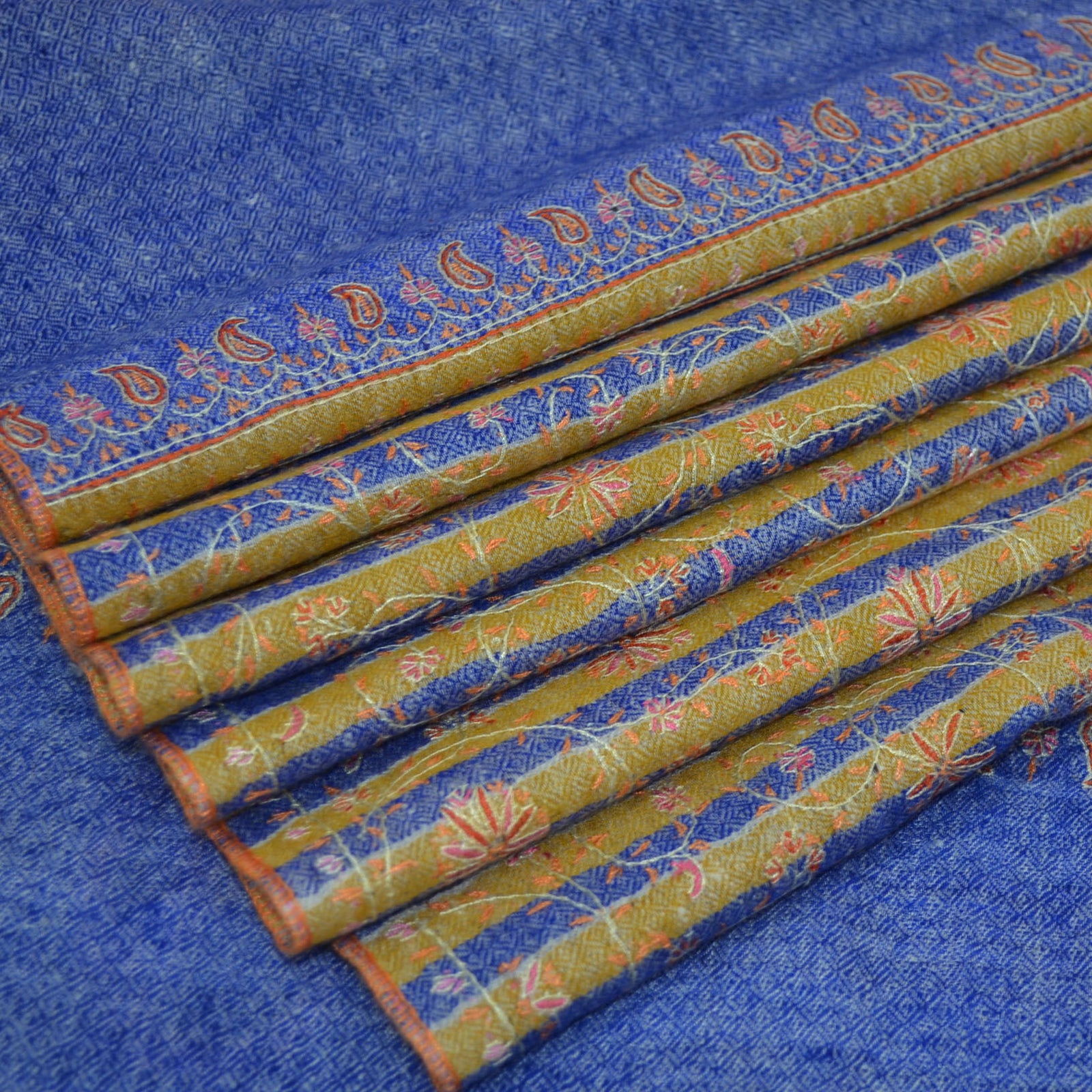 Royal Blue & Golden Jali Embroidery Pashmina Cashmere Scarf