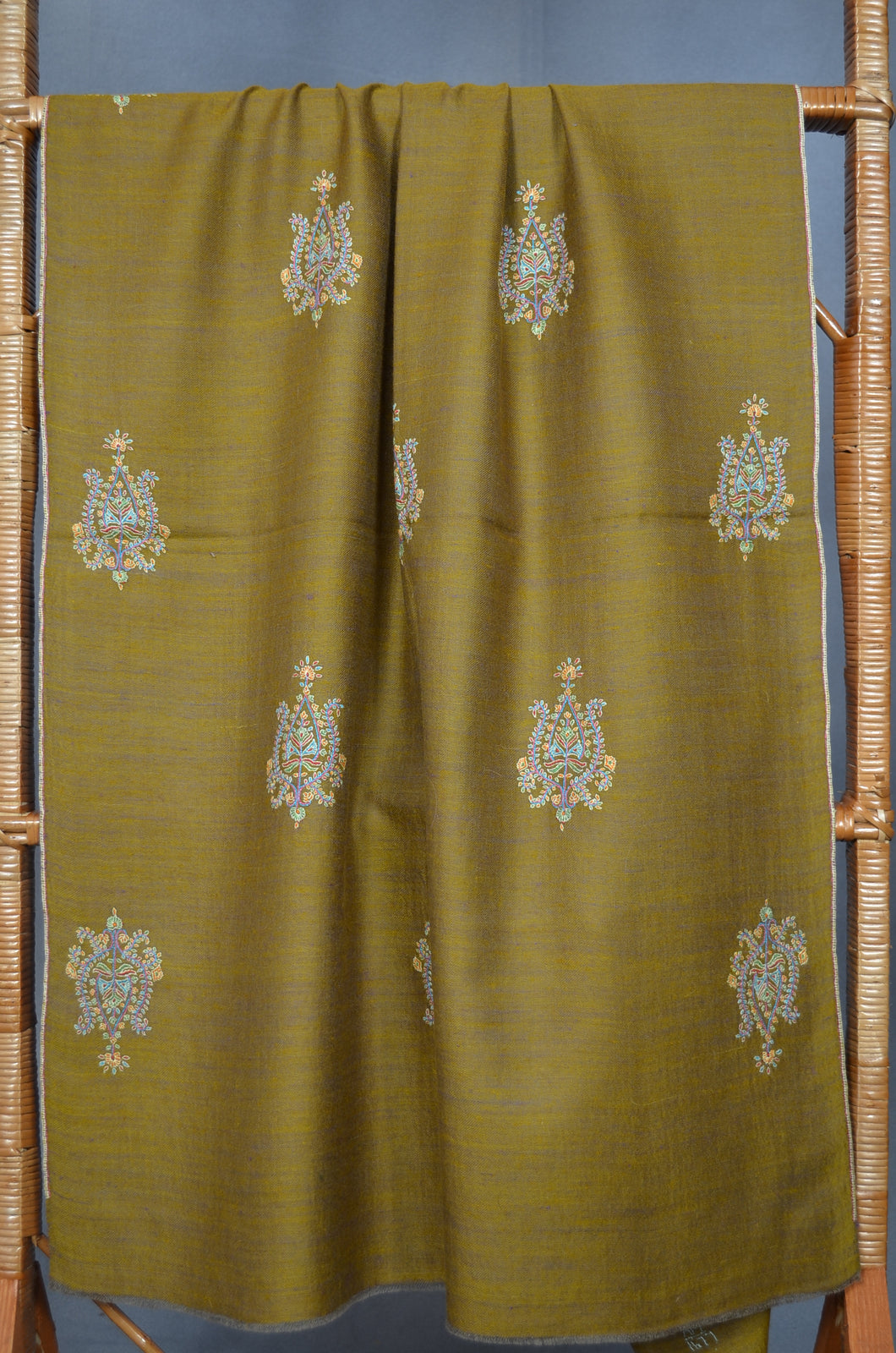 Olive Reversible Motif Embroidery Cashmere Pashmina Scarf