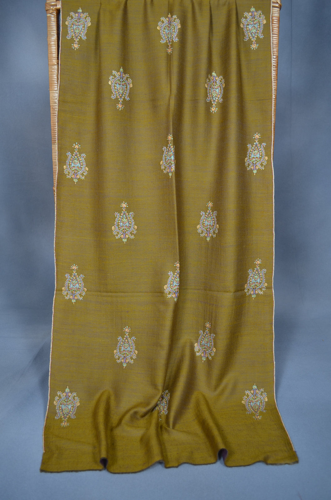 Olive Reversible Motif Embroidery Cashmere Pashmina Scarf