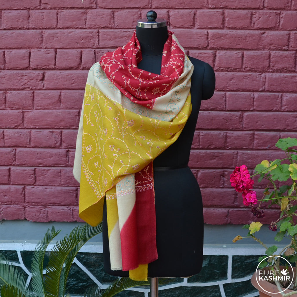 Triple Dyed Kashmir Jali Embroidery Wool Scarf