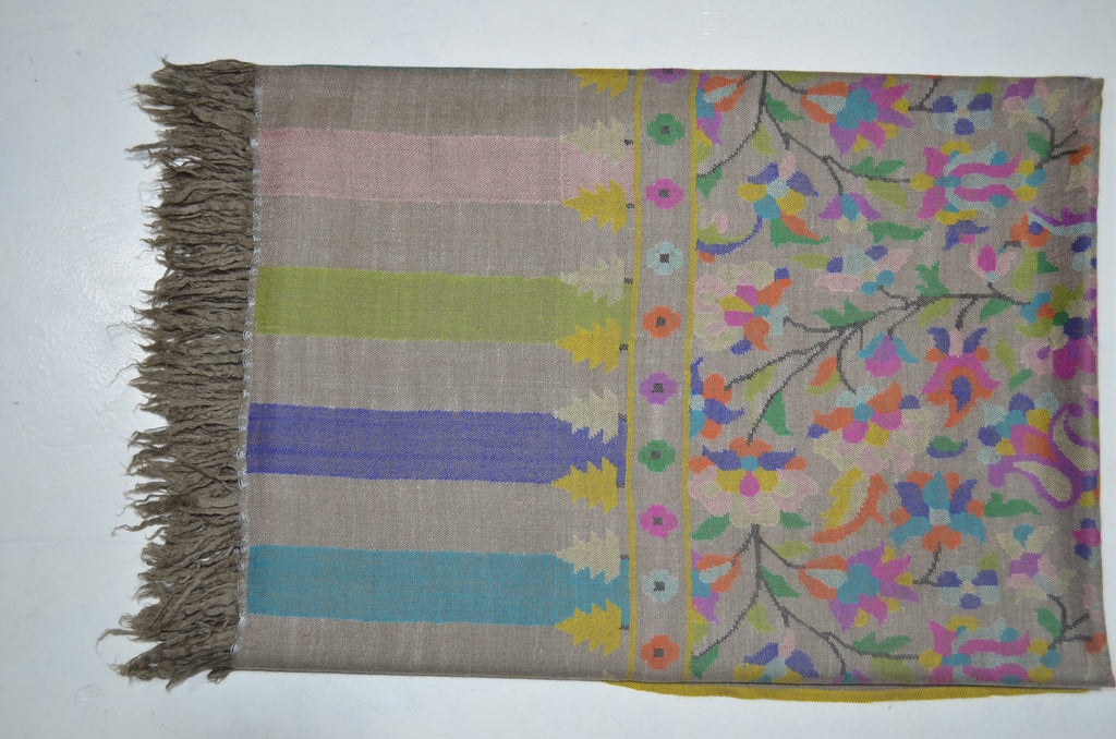 A luxurious Cashmere Pashmina jamawar kani shawl made from highest quality fibers. This kani shawl is a signature of royality. Buy and feel the softness and warmth of this pashmina kani shawl. Hand embroidered in Kashmir | purekashmir.com