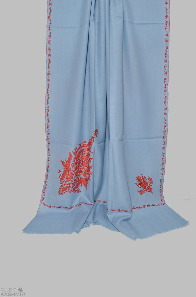 Baby Blue Cone Motif Merino Sozni Hand Embroidery Shawl