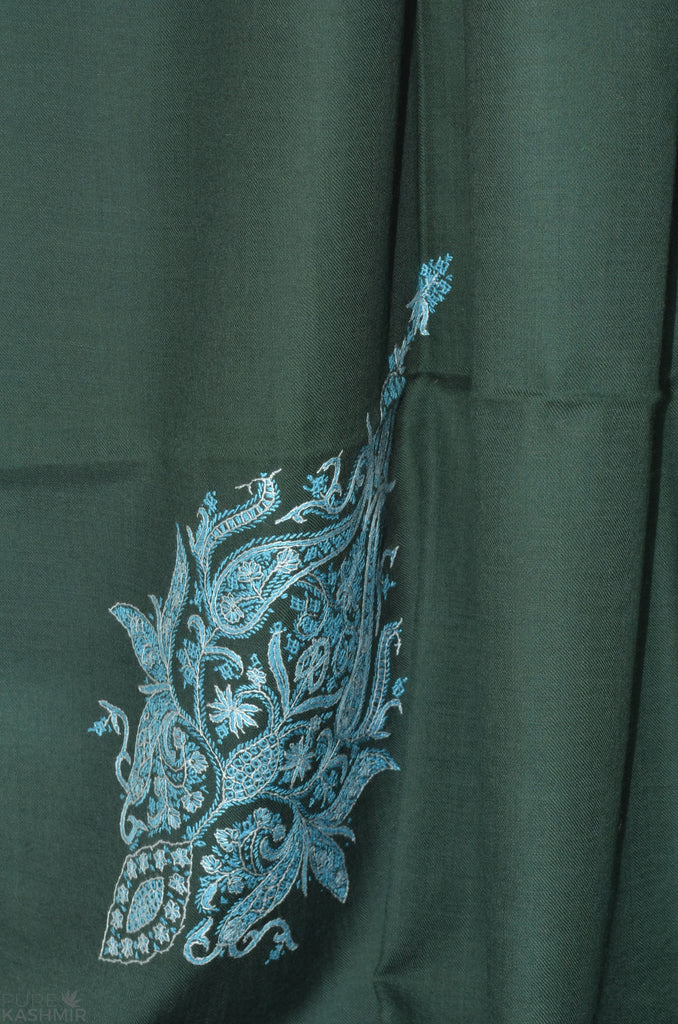 Green Cone Motif Merino Sozni Hand Embroidery Shawl