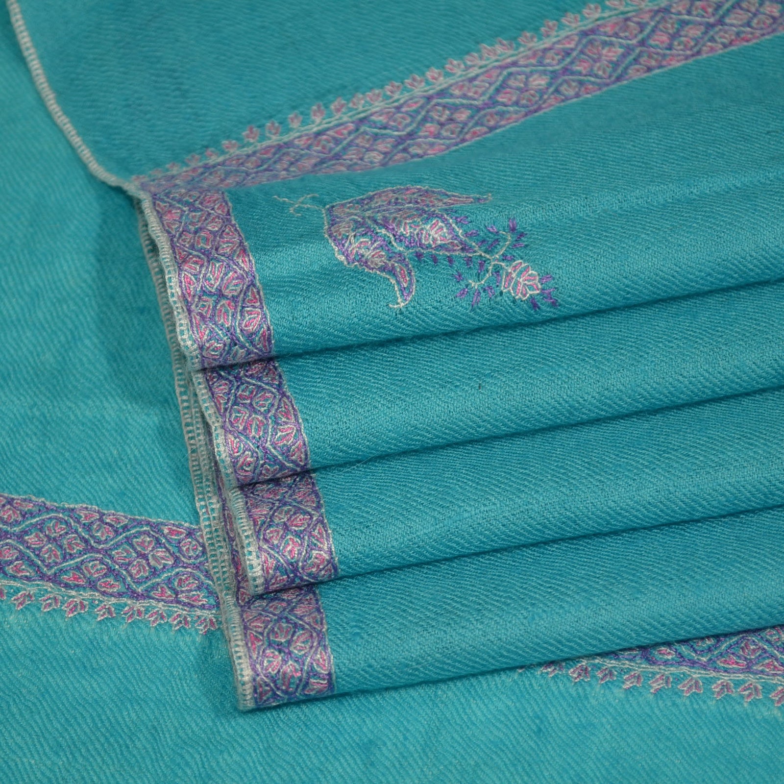 Turquoise Border Embroidery Pashmina Cashmere Scarf