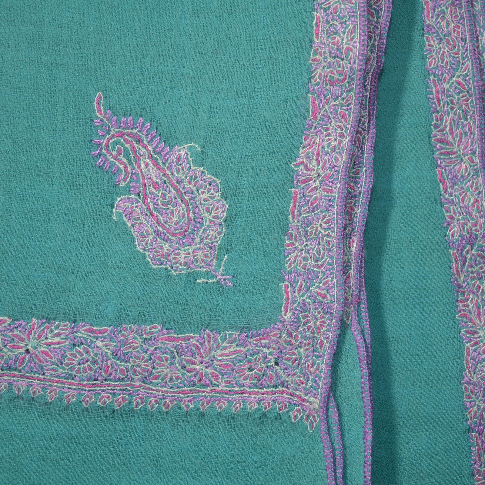 Aqua Green Border Embroidery Pashmina Cashmere Scarf