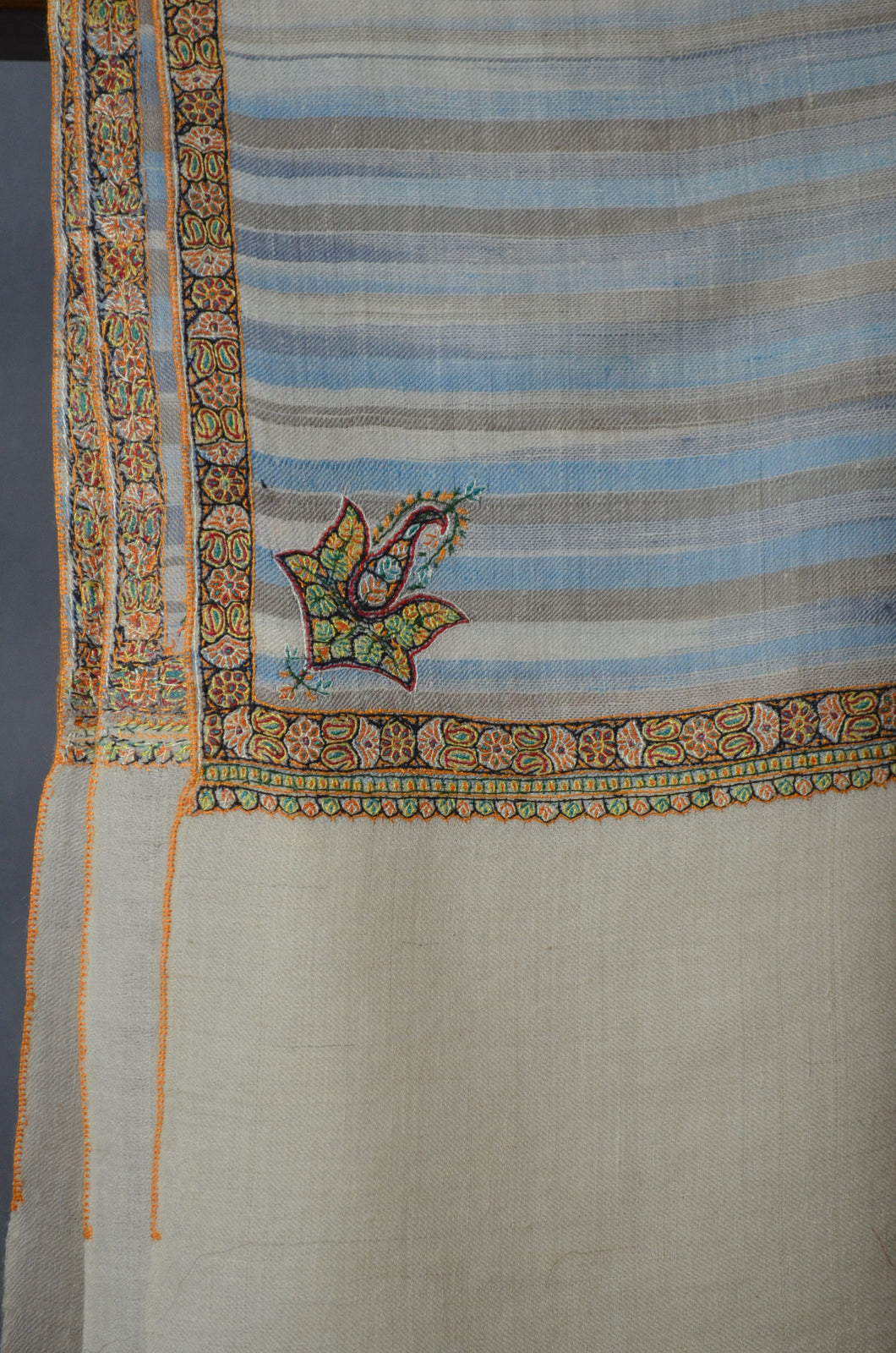 Blue Ikat Border Embroidery Cashmere Pashmina Shawl
