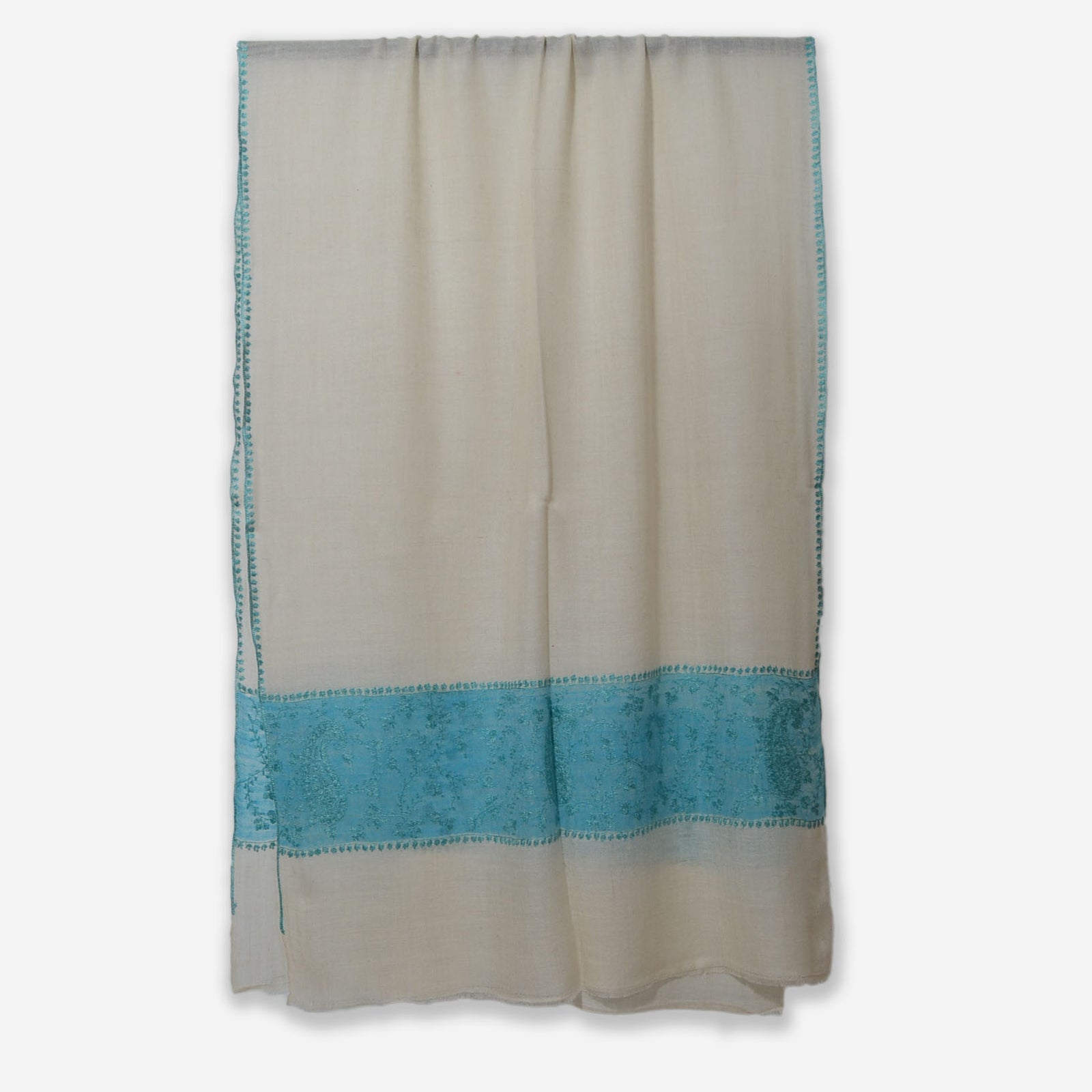 White and Turquoise Border Embroidery Pashmina Cashmere Scarf