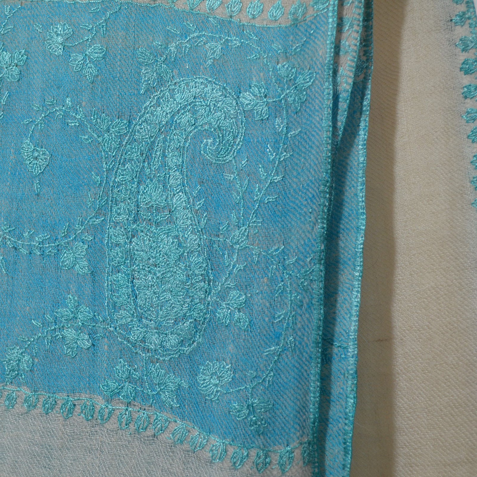 White and Turquoise Border Embroidery Pashmina Cashmere Scarf