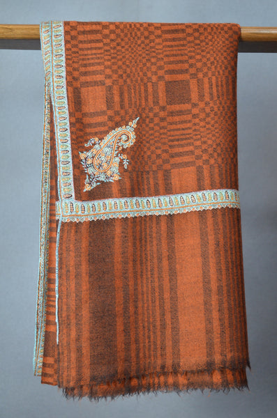 Brown Checkered Border Embroidery Cashmere Pashmina Shawl