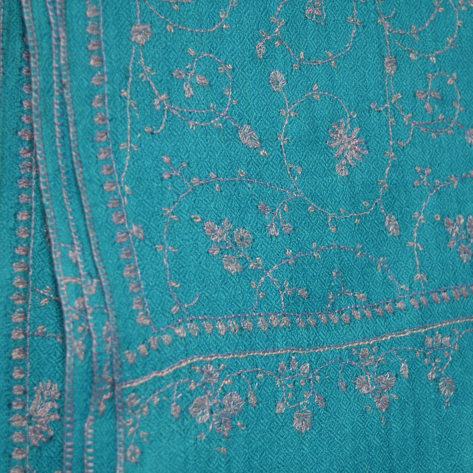 Turquoise Jali Embroidery Pashmina Cashmere Scarf