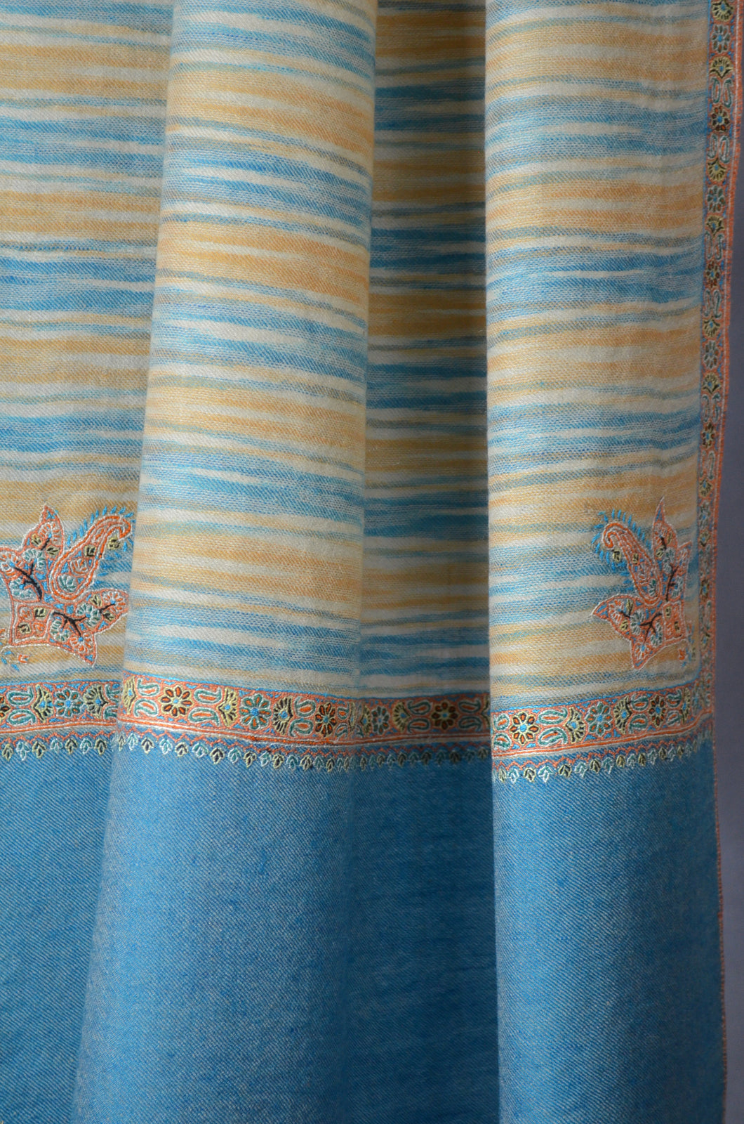 Ikat Yellow and Blue Border Embroidery Cashmere Pashmina Scarf