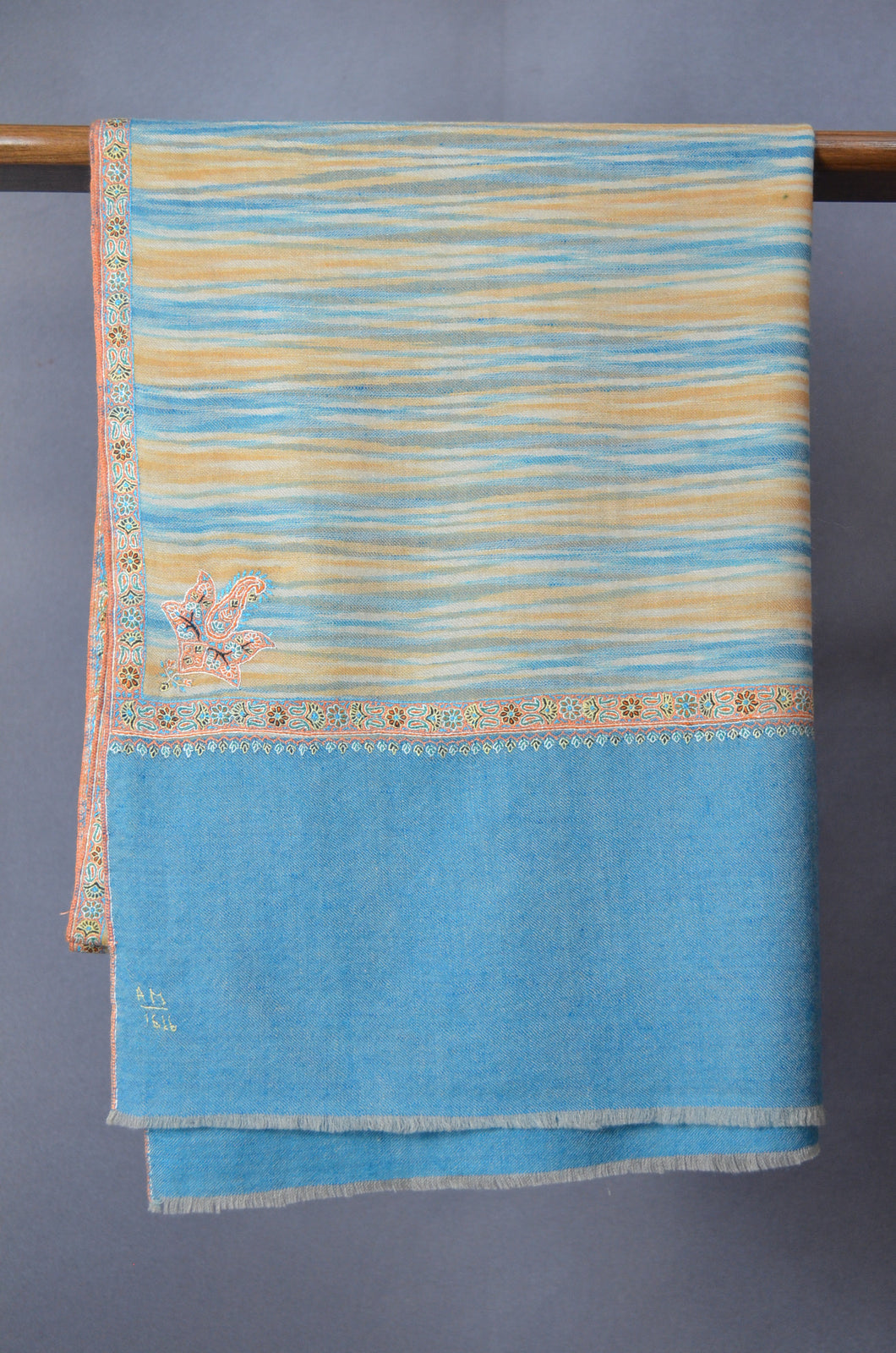 Ikat Yellow and Blue Border Embroidery Cashmere Pashmina Scarf