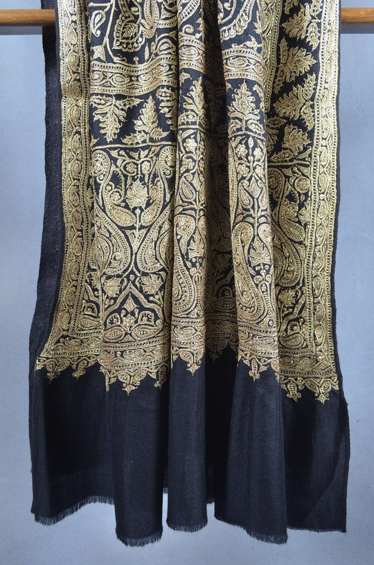 2.5 Yard Black Pashmina Jamawar Full Tilla Embroidery Shawl