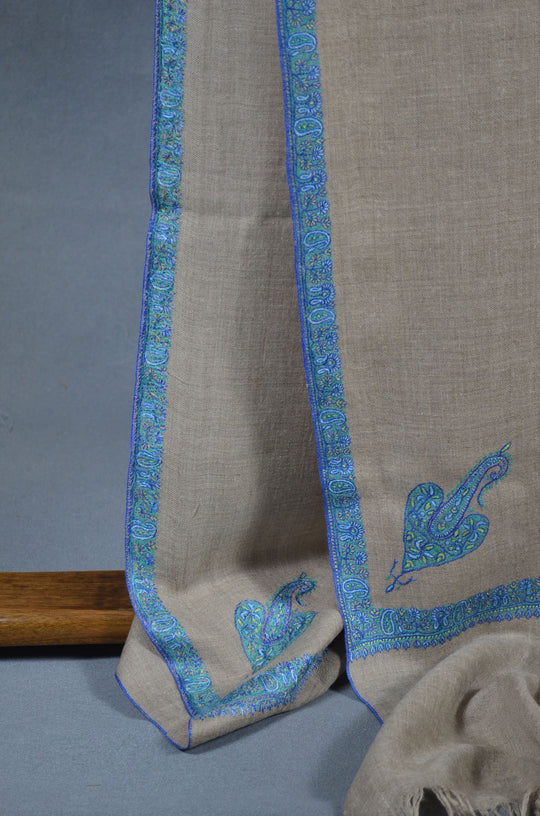 3 Yard Pashmina Blue Border Embroidery Shawl in Natural Base