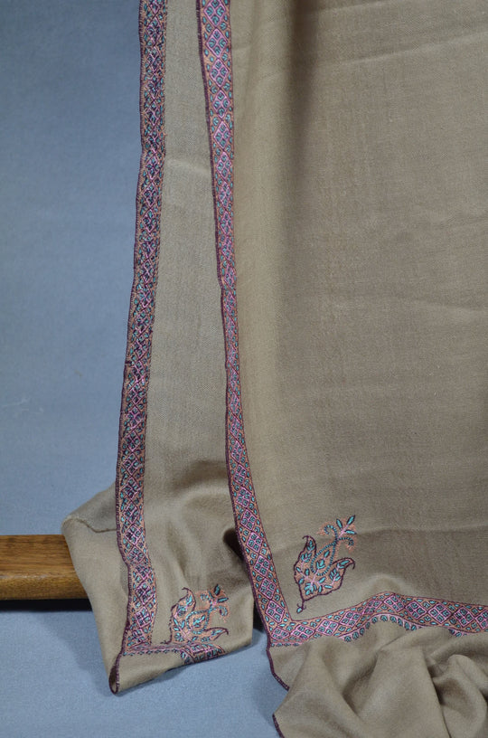 3 Yard Pashmina Turquoise & Pink Border Embroidery Shawl in Natural Base
