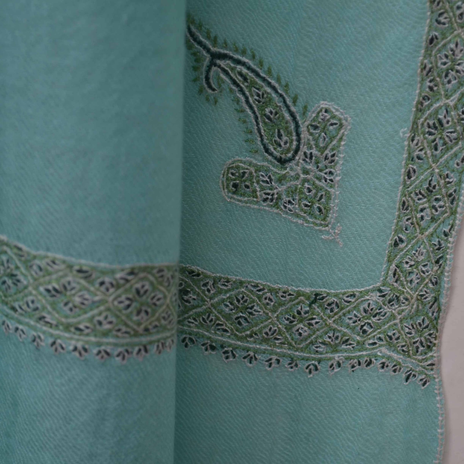Turquoise Border Embroidery Cashmere Pashmina Scarf