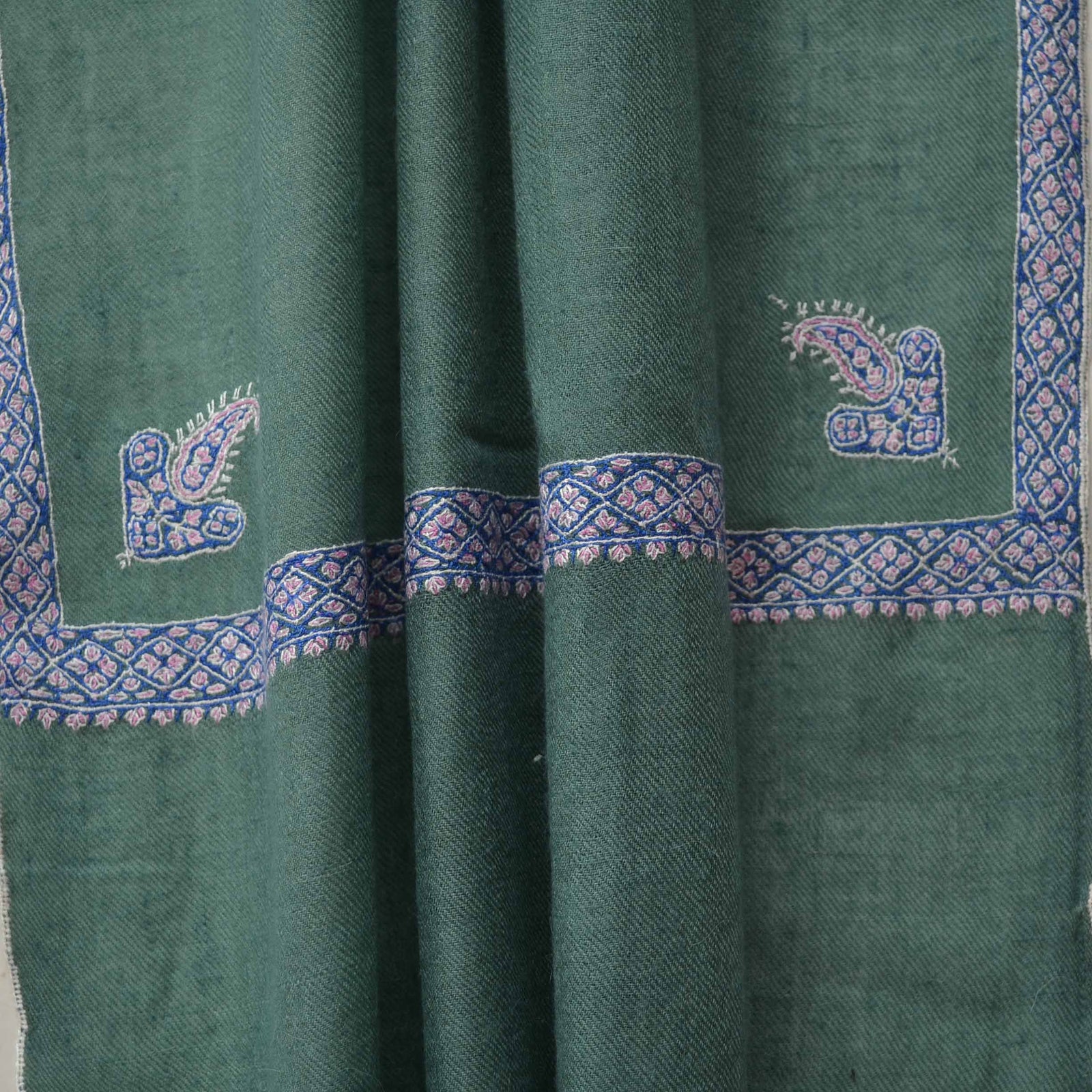 Pine Green Border Embroidery Cashmere Pashmina Scarf